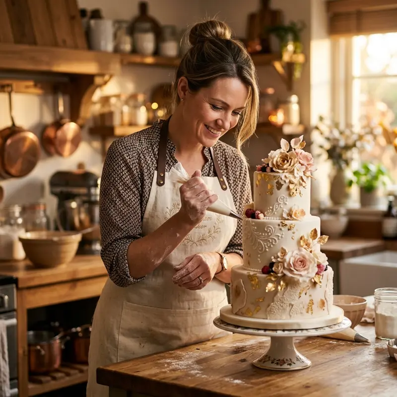 Home baker decorating cake in Arifwala